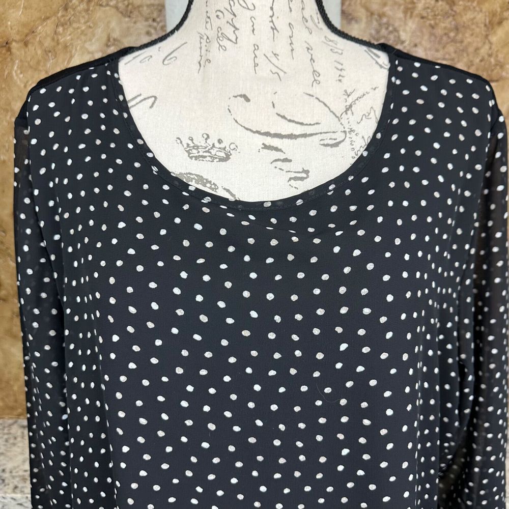 Chico's Travelers Asymmetric Top‎ Blouse Women's 3 (XL) Black Polka Dot Slinky